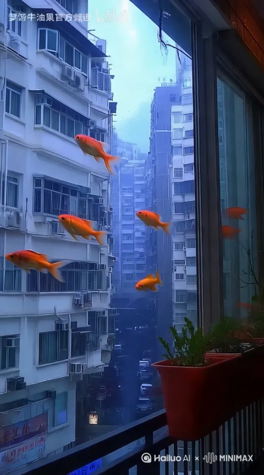 金鱼在空中游动，微风吹来，花盆里的植物微微摇曳，窗外下起了大雨 by Hailuo AI Video Generator