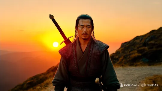 生成一个视频，一个中国古代的武士，背着长剑，走在残阳下的山中小道上，头发滴着汗水。汗水低落的瞬间，突然从旁边的草丛中冲出一队机甲战士，围住了他，向他发起了攻击。 by Hailuo AI Video Generator