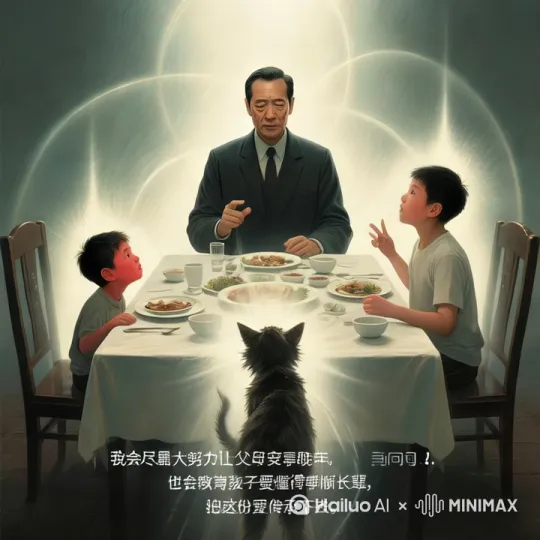 一碗米饭的抉择
 
饭桌上，热气腾腾的饭菜散发着诱人的香气，父亲和儿子相对而坐。
 
父亲夹了一筷子菜，缓缓说道：“孩子，爹跟你说过，父母对小孩是大公无私的，孩子对父母都是有私心的。”
 
儿子停下手中的动作，一脸诚恳地望着父亲：“爸，我不认同。我一直都想着要好好孝顺您和妈，我对你们也是大公无私的呀，您为啥总这么说呢？”
 
父亲放下筷子，目光温和却又带着几分认真：“孩子，你现在没成家，想法单纯。等你以后结婚了，有了自己的小家庭，有了孩子，生活变得艰难。要是只剩下一碗米饭，你是先给小孩吃，还是给我们老两口吃？”
 
儿子微微一怔，随即陷入沉思。片刻后，他抬起头，眼神坚定：“爸，我知道您的意思。但我觉得，这不是私心不私心的问题。孩子小，确实需要更多照顾，可我也绝不会不管您和妈。我会想办法去再找吃的，或者把这碗米饭分成几份，尽量让大家都能吃上。”
 
父亲看着儿子，眼中流露出一丝欣慰，却仍摇了摇头：“孩子，现实往往没那么容易。当真正面临那种艰难时刻，人的本能会先顾着自己的孩子。这不是说你不孝顺，而是一种天性。父母对孩子的爱，就是从生下他们那一刻起，就做好了把一切都给他们的准备，哪怕自己挨饿受冻。”
 
儿子皱着眉，思索良久：“爸，我明白您说的。但我不想给自己找借口。我从小受您和妈的养育之恩，等我有能力了，肯定会尽最大努力让你们安享晚年。就算以后有了孩子，我也会教育他要懂得孝顺长辈，把咱们家的这份爱传承下去。一碗米饭或许能难倒一时，但难不倒我一辈子对你们的孝顺。”
 
父亲听着儿子的话，嘴角微微上扬，眼中泛起一层淡淡的泪光。他拍了拍儿子的肩膀：“好，好啊！爸听你这么说，心里踏实。其实爸也不是要故意刁难你，只是想让你明白，父母对孩子的爱，是世间最纯粹、最不计回报的。”
 
窗外，夕阳的余晖透过窗户，洒在父子俩的身上，映出一幅温暖而动人的画面。这一场关于一碗米饭的对话，承载着两代人对爱与责任的思考，也让父子间的情感在交流中愈发深厚。 by Hailuo AI Video Generator