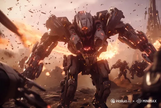 futuristic robots battlefield, explosions, smoke, robots fighting, action scene by Hailuo AI Video Generator