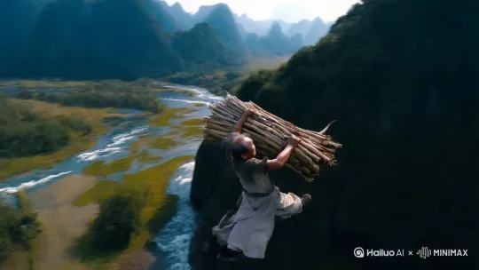 快速高空跟踪镜头移动,无人机视角,背景在一个中国农村的荒野上,一个穿着破衣服的农村大爷扛着一捆柴的姿势向前飞行,轻松地在荒野上空踏空飞行,他双手扛着一捆柴,双腿像中国轻功一样在空中飞纵,蹬踢着往前疾奔,仿佛在空中踏出一条路,捕捉平滑飞行的感觉。衣服和头发随风摇摆,相机从略高位置的俯视角度紧密跟踪从左后方向右后方移动,随着角色穿越场景。环境是动态的,快速变化,不断往后掠过的自然景观 by Hailuo AI Video Generator