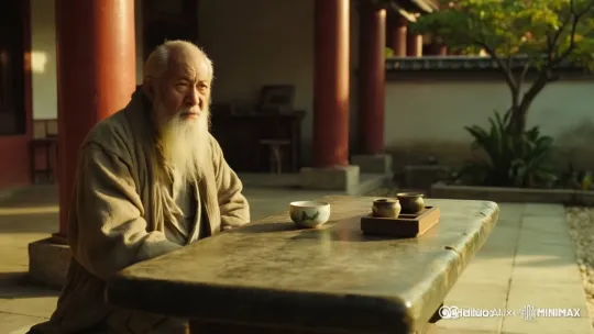 [右移,左摇,跟随]镜头聚焦在老和尚的脸上，他嘴巴和胡子颤动正在有智慧的讲解深奥的道理。 by Hailuo AI Video Generator