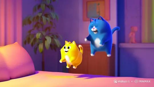 生成一只可爱的蓝色的胖猫，和一只黄色的胖猫，在床上蹦蹦跳跳 by Hailuo AI Video Generator