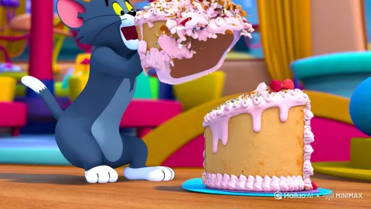 Tom and Jerry 。汤姆和杰瑞 ，Tom & Jerry，卡通，猫和老鼠 。汤姆转身把生日蛋糕拍碎在杰瑞脸上，把蛋糕砸在老鼠头上，蛋糕黏在老鼠脸上，蛋糕碎在老鼠脸上，然后灰猫哈哈大笑的弯腰 汤姆手拍膝盖。。然后 镜头快速推进 镜头聚焦在 生日蛋糕从杰瑞脸上滑落 ，奶油粘在脸上。杰瑞转头看汤姆 ，老鼠生气撅嘴，。  high action，cinematic，，90年代的美国动画 by Hailuo AI Video Generator
