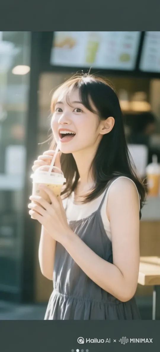 女生喝奶茶时眼睛发光的瞬间 侧逆光拍摄 露出幸福的表情 by Hailuo AI Video Generator