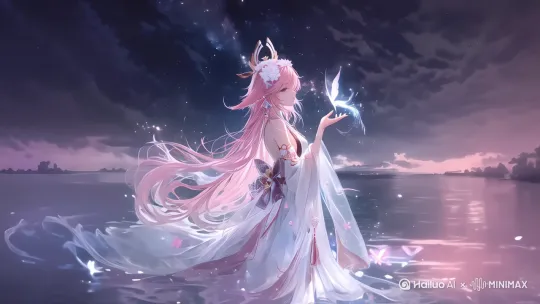 帮我生成视频。动作幅度要小点，慢一点。人物在眨眼睛，头发和裙摆在微微摆动，首尾帧一致。 by Hailuo AI Video Generator