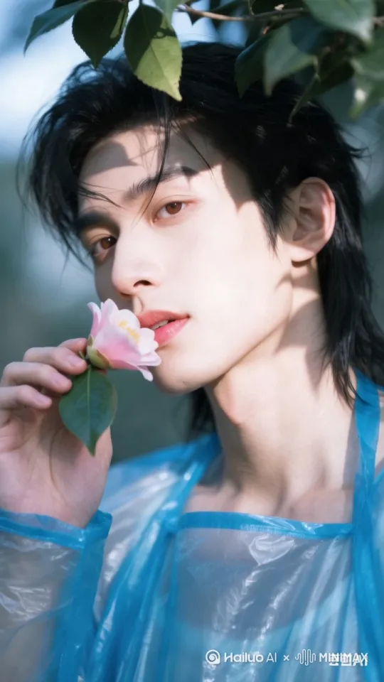 男子亲吻花朵，风吹动树叶，风吹动头发 by Hailuo AI Video Generator