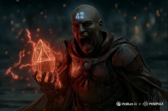 a man smashing red crystal in his right hand, crystal crashing with flames of magic energy and red lightnings in his hand by Hailuo AI Video Generator