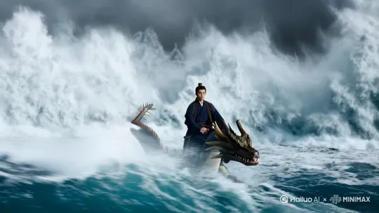 在波涛汹涌大海上，一位英俊的汉服少年正骑乘一条巨龙乘风破浪的向这边奔驰。海面上巨浪滔天，雾气朦胧。彰显着中华儿郎的勇猛和霸气！压迫感十足，电影写真风格，比例 9:16。 by Hailuo AI Video Generator