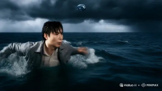 在狂风暴雨的大海游泳，黑云压下来。一头蓝鲸从头上跃过。左右移动 by Hailuo AI Video Generator