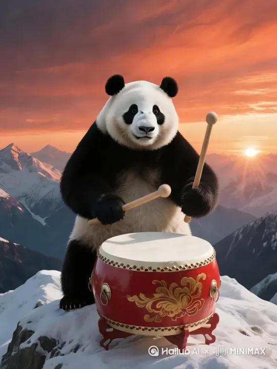 大熊猫手拿两棍同时敲打鼓面，动作自然，画面清晰[右移,左摇,跟随] by Hailuo AI Video Generator