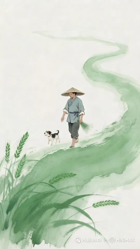 一只小狗和一个人在田野中行走[左移,跟随] by Hailuo AI Video Generator