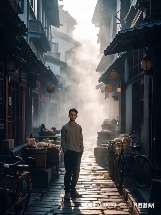 左右看看，转身向街道里走去。一直向前走，到消失。 by Hailuo AI Video Generator
