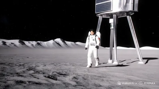 宇航员正从科技感十足的太空登月舱迈出，步履缓慢且坚定。着陆舱由四个支撑腿及太阳能板组成，其银色外壳在黑暗的宇宙背景下反射着地球的微光，周围是无尽的黑暗和明亮的星辰。宇航员的宇航服背部配有生命支持背包。随着主角向镜头走近，面罩后的脸也逐渐清晰，能看出人物面带微笑，眼神期待。电影大片质感。宇航服为白色纯色造型，不含任何方形或圆形图案。 by Hailuo AI Video Generator