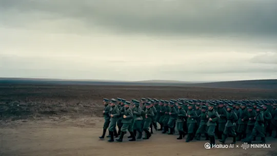 一群德国士兵[下降,上摇][左移,上升]后面是[左移,推进,右摇]缓缓走过来[右移,跟随] by Hailuo AI Video Generator