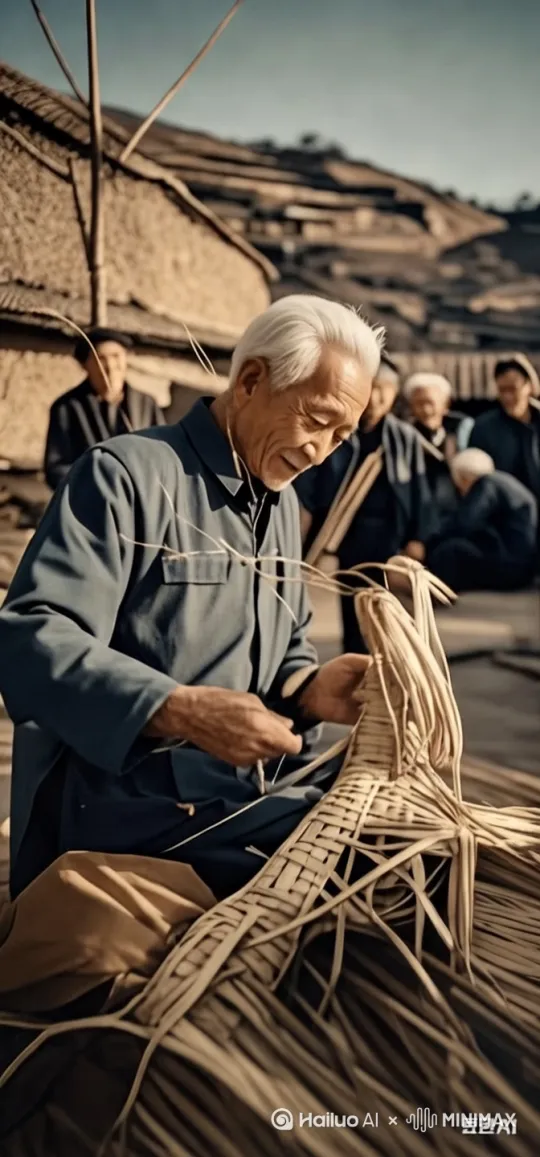 在洒满阳光的农村小院，一位头发花白的大爷身着老式布衫，坐在小板凳上专心编竹筐，身后几个大爷围成一圈“观战”，土墙和柴垛透着质朴气息。大爷编着编着，竹条突然缠住手指，怎么都解不开，急得直跺脚，筐散架了，大爷像只热锅蚂蚁，身后大爷们笑得前仰后合。 by Hailuo AI Video Generator