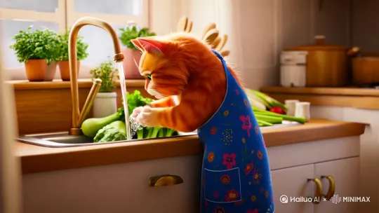 分镜头二：橘猫洗菜
画面主体：一只憨态可掬，圆滚滚的橘猫站在水槽边，身上系着一个蓝色的围裙，围裙上可能还有一些可爱的图案。
背景环境：厨房的水槽区域，水龙头开着，水流清澈。
动作细节：橘猫认真地用手清洗着蔬菜，时不时用爪子挠挠头，表情专注又可爱。
氛围营造：厨房光线柔和，营造出一种温馨、勤劳的氛围。[左移,上升] by Hailuo AI Video Generator