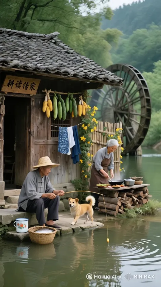 鱼线突然绷紧，大爷后仰摔个四脚朝天，大鲤鱼跃出水面。黄狗兴奋地扑向鱼，却被大爷绊倒滚进河里。老奶奶踮脚够锅铲，围裙带子勾住屋檐，整个人悬空转起圈圈。 by Hailuo AI Video Generator