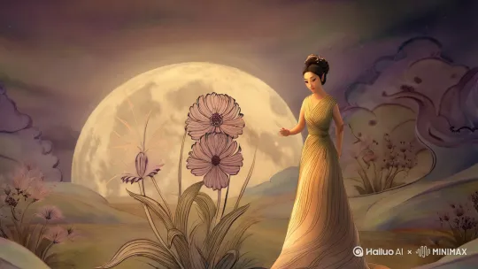 一女子作画，美貌如仙，在彼岸中画着彼岸花。远景，水墨风格，古风，黑夜，彼岸花 by Hailuo AI Video Generator