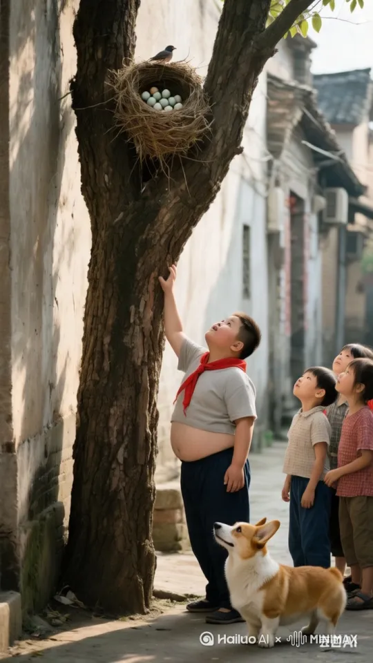 镜头移动，动态跟随，小胖子如同武林高手纵身一跃跳上树用双整个鸟窝里的蛋扔给下面的孩子们，周围的孩子们兴奋的蹦跳拍。 by Hailuo AI Video Generator