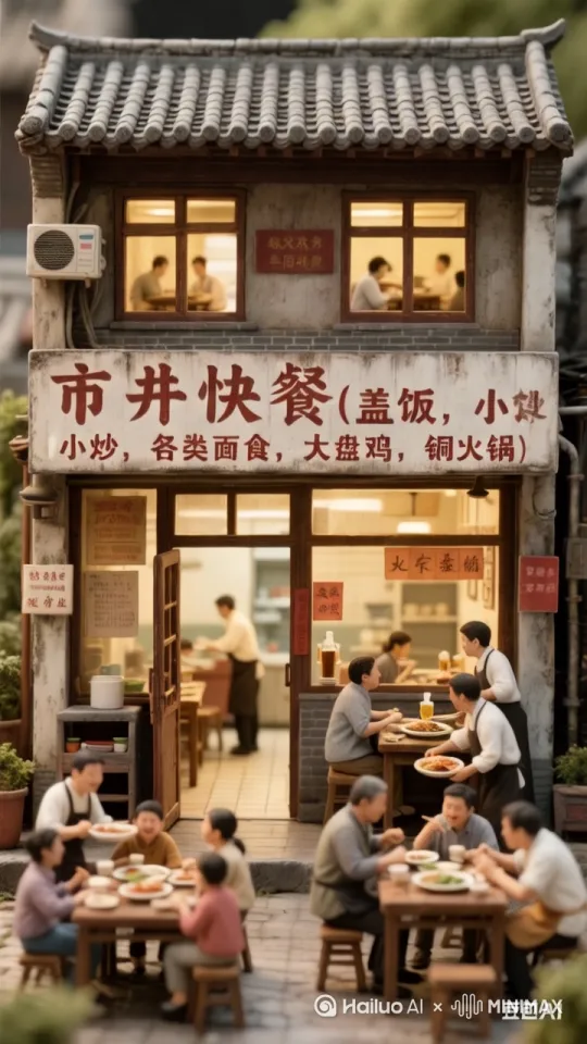大家在自然的吃饭，送餐，一幅热闹景象，但不杂乱。[推出,上升,下摇] by Hailuo AI Video Generator