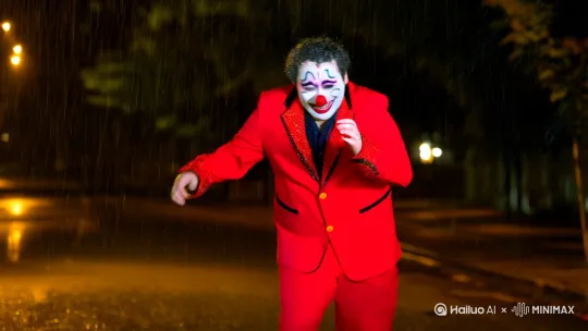 一个身穿红色西装的小丑装扮的男人，流着眼泪笑着在雨夜中跳着舞,镜头围绕他旋转逐渐拉远。 by Hailuo AI Video Generator