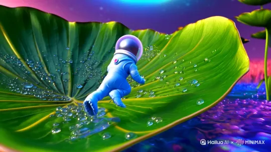 微距镜头+水滴宇宙概念  
[主体]：穿着宇航服的拟人化水分子  
[动作]：在荷叶表面滑行→与花粉星云碰撞→穿越彩虹膜隧道  
[特效]：流体动力学模拟+焦散光影[3,5](@ref) by Hailuo AI Video Generator