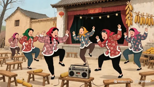 镜头画面：在农村的老戏台前，周围摆满了老式的木凳。一群穿着传统碎花棉袄、戴着鲜艳头巾的农村大妈，身前放着一台老旧的收音机正播放着劲爆的街舞音乐。老戏台旁边还挂着几串晾晒的玉米。生成动态词：大妈们手脚不协调地扭动着身体，跳着夸张的街舞动作，碎花棉袄跟着乱晃，玉米也仿佛被震得微微颤抖 。 by Hailuo AI Video Generator