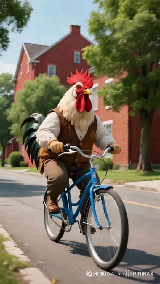 随机镜头:
masterpiece, best quality, ultra - high resolution, 8k, realistic style, long shot, a big rooster with bright red comb and wattles, wearing a brown vest, riding a blue bicycle on the road, the background is a red - brick building and lush green trees.  （杰作，最佳质量，超高分辨率，8K，写实风格，长镜头，一只鸡冠和肉垂鲜红的大公鸡，穿着棕色背心，正在路上骑着一辆蓝色的自行车，背景是红砖建筑和郁郁葱葱的绿树。） 

说明： 
 - “masterpiece, best quality, ultra - high resolution, 8k”：这些词汇用于强调画面的质量，是常见的质量提示词，确保生成图像的清晰度和高分辨率等高质量效果。 
 - “realistic style”：表示写实风格，从图片来看画面具有一定的写实感。 
 - “long shot”：长镜头，用于体现主体在画面中的位置。 
 - 后面关于大公鸡、穿着、自行车以及背景的描述，则是对画面主体和场景的详细刻画，与图片内容相对应。 by Hailuo AI Video Generator