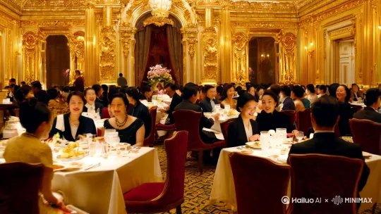 繁华的老上海滩，一个大饭店里金碧辉煌，许多人在吃饭（可以给某些人吃饭一个特写）（十秒左右） by Hailuo AI Video Generator