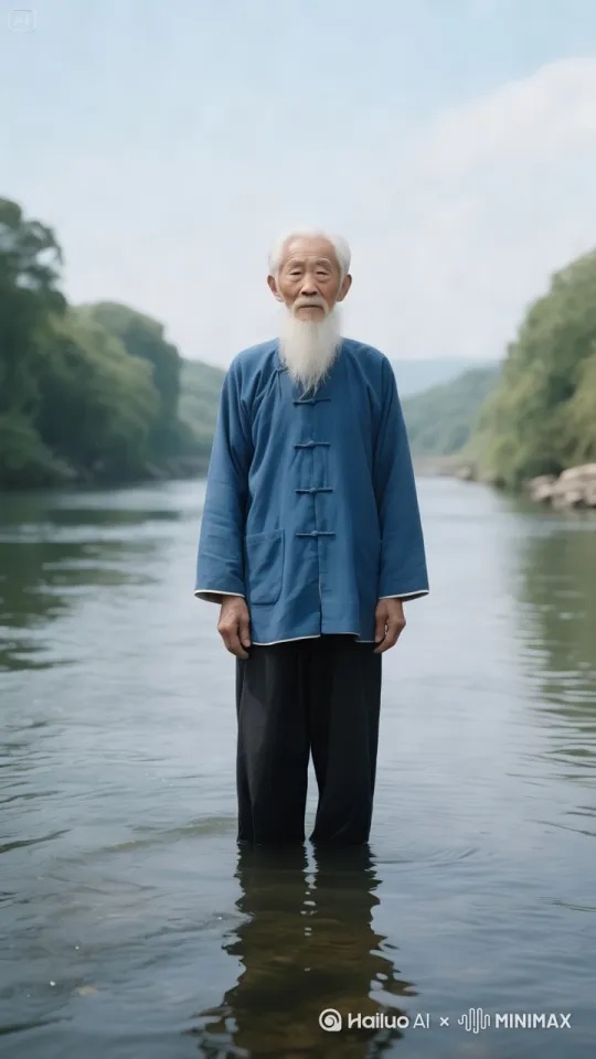 镜头跟随，写实风格，老人卯足全身之力，以每小时150公路的速度由右前方在水上奋力奔跑。双脚快速如飞，十分矫健，电影质感。 by Hailuo AI Video Generator