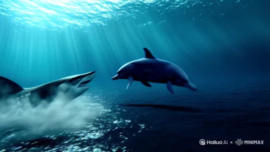 丶深海中大沙魚和海豚在追逐搏击。 by Hailuo AI Video Generator