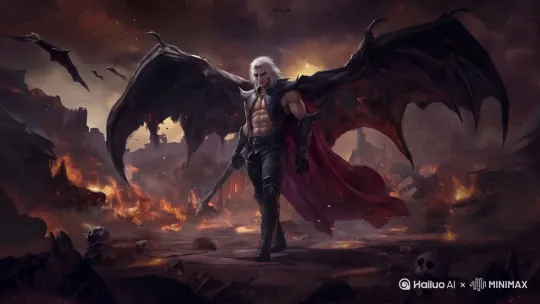身着黑色盔甲披红色斗篷的战士展开巨大黑色翅膀，手握利剑在火焰战场缓慢挥动，燃烧建筑在背景中摇曳，蝙蝠群盘旋烟雾逐渐扩散，地面的骷髅与碎石随着战士踏步轻微震动，固定镜头展现其坚毅神情与战场末日氛围。 by Hailuo AI Video Generator