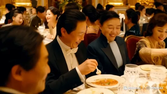 这时候不然这时候突然把镜头扩大，扩大到旁边门的地方，然后突然冲进去一群人（要特写）这群人二话不说，然后图片里宴会厅，他们穿过宴会厅，到了大厅，走上楼梯，到三层，往这个饭店老板办公室那里走，而且这个饭店是特别的金碧辉煌（冲进去的一群人是黑帮，给其中一个黑帮在刚刚冲进门的那一瞬间[左移,推进,右摇]）最后从头停到进房门的那一刻（时间20到30秒） by Hailuo AI Video Generator