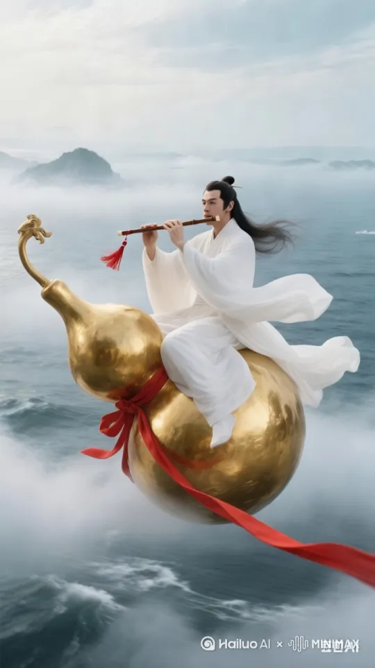 人物骑着葫芦，边往前飞边吹笛子。周边的云往他身后移动。 by Hailuo AI Video Generator