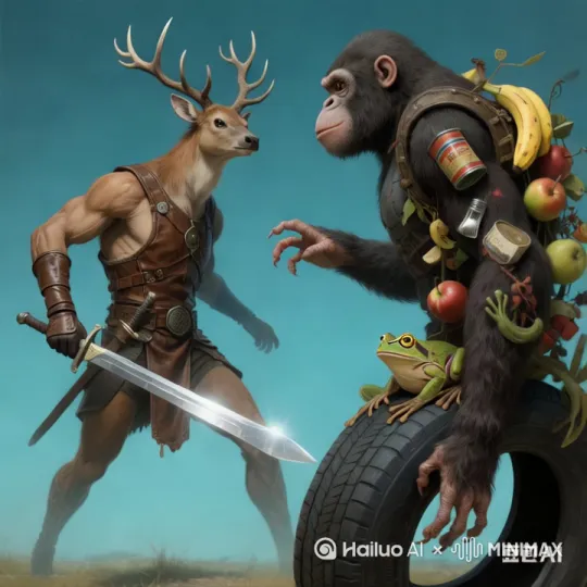 他们两个打他们两个打起来，其中鹿头人一件，把香蕉大猩猩打败 by Hailuo AI Video Generator
