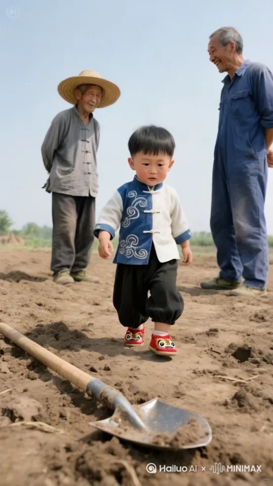 小男孩突然跳到铁锹头部。铁锹立起，木棍碰到小孩头部，小孩坐地哭泣，两位大爷大笑。 by Hailuo AI Video Generator