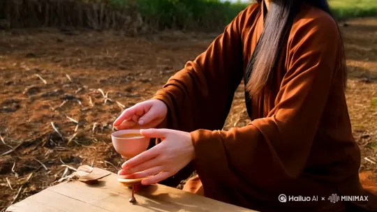 生成动态词：美女如打太极般，手势轻柔缓慢，拿起茶杯，轻晃、细品，动作行云流水，与农村质朴场景形成奇妙反差。 by Hailuo AI Video Generator