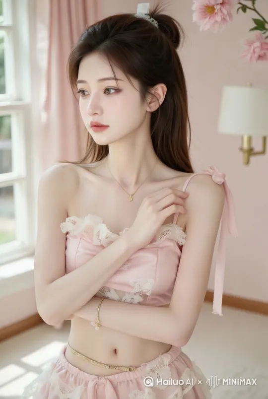 粉衣少女单手叉腰假装生气，蕾丝吊带随呼吸起伏，金色腰链随身体晃动微颤，盘发发丝垂落一缕轻扫锁骨。红唇微嘟眼神嗔怒，手腕金镯碰撞轻响，阳光在粉色窗帘上投出蕾丝光斑。 by Hailuo AI Video Generator