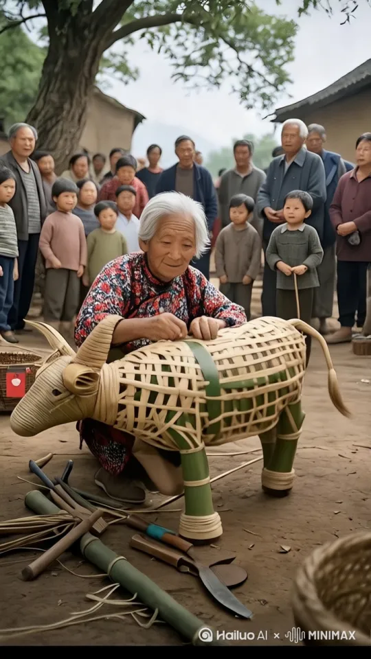 这头竹编牛造型逼真,竹条编织纹理清晰可见。紧接着,竹编牛像是被赋予生命一般,缓缓站起身来,把大娘托在背上,四肢稳健交替移动,开始向前行走。周围围观的村民们露出惊讶且欣喜的表情,有的孩子甚至兴奋地跳起来,视频比例为9:16 。 by Hailuo AI Video Generator