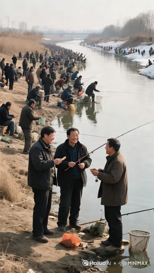 让每个人都快速跳进河里、疯狂抓鱼，水面爆炸、炸出许多鱼，水花四溅。场面壮观，给人眼前一亮的感觉。 by Hailuo AI Video Generator