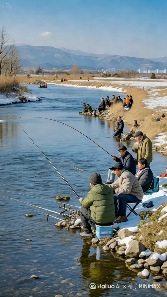 让每个人都快速跳进河里、疯狂抓鱼，水面爆炸、炸出许多鱼，水花四溅。场面壮观，给人眼前一亮的感觉。 by Hailuo AI Video Generator