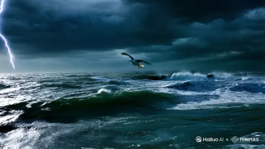一只勇敢的海燕在暴风雨中的海面上飞行。 by Hailuo AI Video Generator