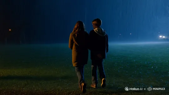 男生和女生在雨下的夜晚相遇[变焦推进,跟随]，并且拥抱在一起[固定镜头] by Hailuo AI Video Generator