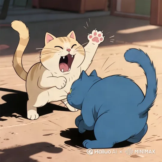 乳色小猫不停击打蓝色小猫的头部 by Hailuo AI Video Generator