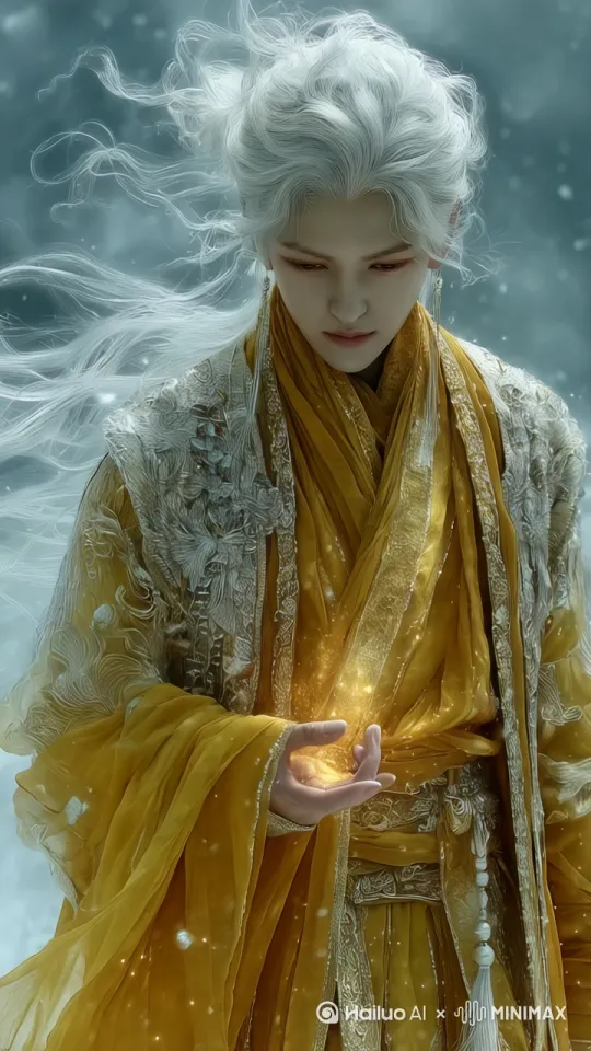 下降镜头，环绕主体360°旋转，仰拍主体人物脸部，表情专注，指尖凝聚一点离子金光，似要施展仙术，四周雾气翻腾，离子能量光团，衣服头发在风中飞扬。 by Hailuo AI Video Generator