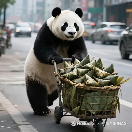 [左移,推进,右摇]一大熊猫推车向前走，汽车在公路上跑 by Hailuo AI Video Generator