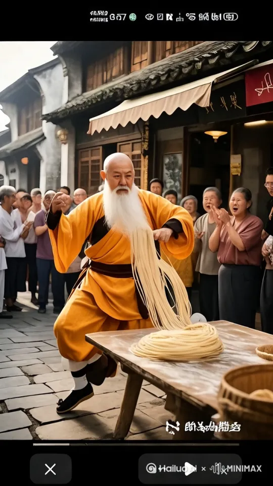 在古色古香的老街，阳光暖暖地洒在石板路上。一位身着鲜艳橙黄僧袍、腰系黑带的白胡子高僧引人注目。他站在街边木桌旁，双手运功，面团在他手中如被施了魔法，飞速延展成丝丝分明的拉面。围观人群里三层外三层，有白发苍苍的老者，也有充满好奇的年轻人，大家瞪大双眼，满脸惊叹，随后爆发出热烈的掌声与喝彩。有人喊道：“高僧这功夫，神了！这拉面绝了！”老街弥漫着惊叹与赞叹，这一刻，传统技艺与神奇功夫完美融合，成为街头最难忘的风景。 by Hailuo AI Video Generator