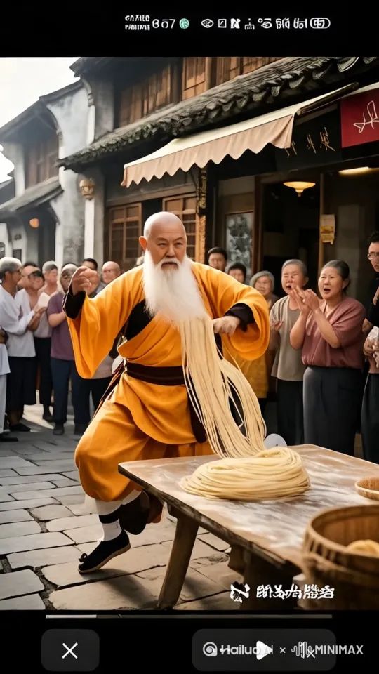 老和尚扎着马步，双手如闪电般抓住面团，飞速旋转，面团在空中呼呼作皮拉成拉面，周围观众瞪大眼睛，随后
掌。 by Hailuo AI Video Generator