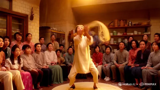 老奶奶扎着马步，双手如闪电般抓住面团，飞速旋转，面团在空中呼呼作皮拉成拉面，周围观众瞪大眼睛，随后
掌。 by Hailuo AI Video Generator